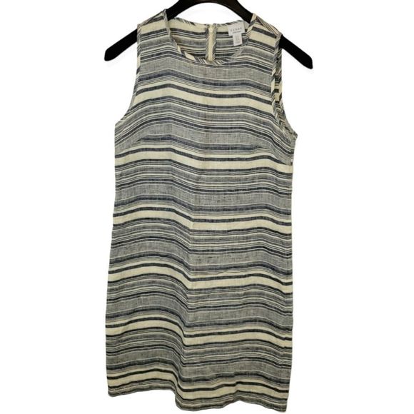 Women's Kenar 100% Linen Blue Cream Striped Shift Dress Size 4 - Picture 1 of 3